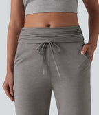 Pantalon casual évasé chiné taille mi-haute à ceinture rabattable, fronces et cordon de serrage avec poches