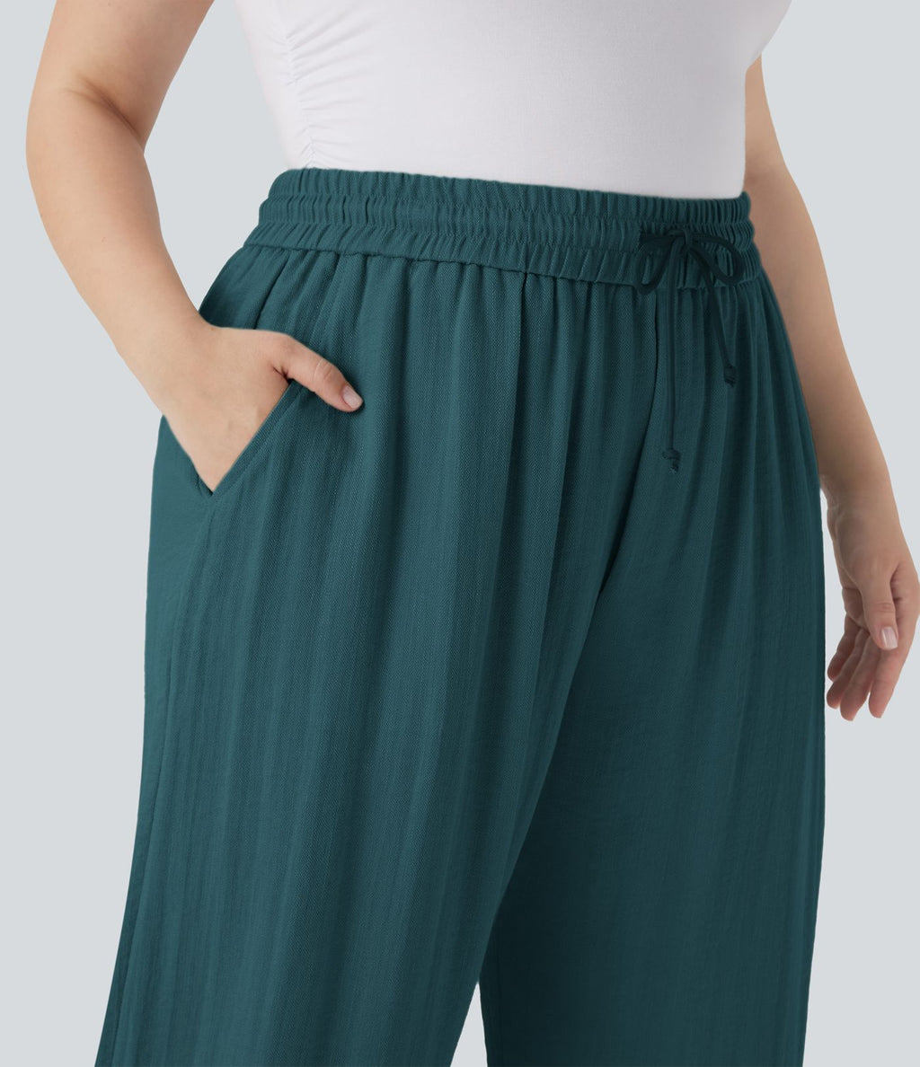 Pantalon décontracté grande taille large fluide taille haute effet lin avec cordon de serrage et poches