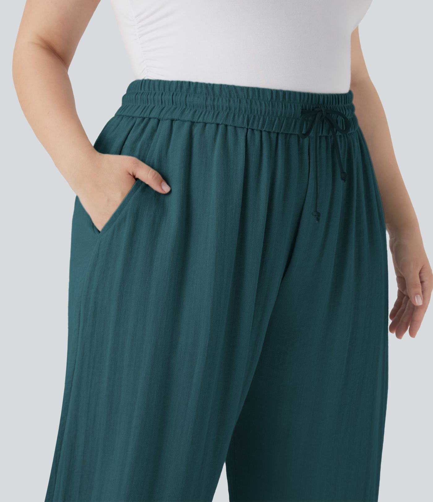 Pantalon décontracté grande taille large fluide taille haute effet lin avec cordon de serrage et poches