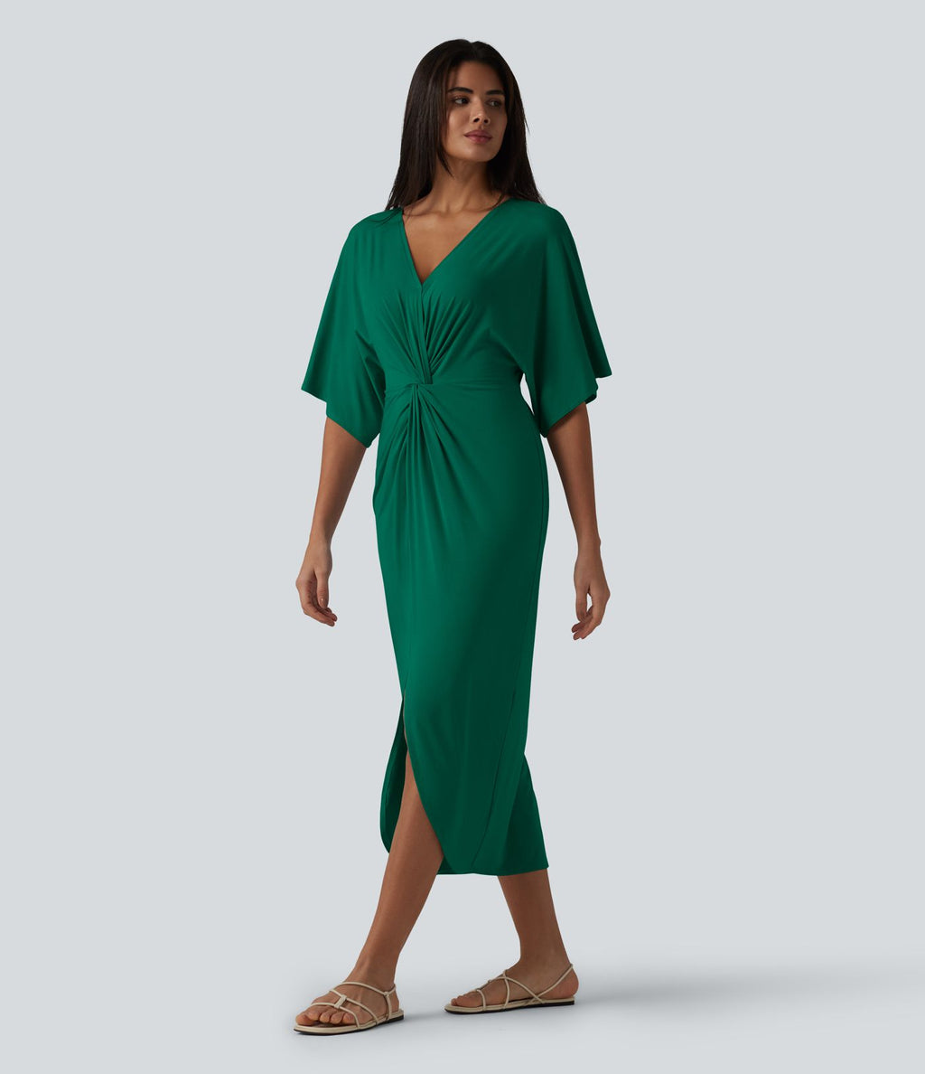 Robe midi col V manches chauve-souris ourlet tulipe torsadé