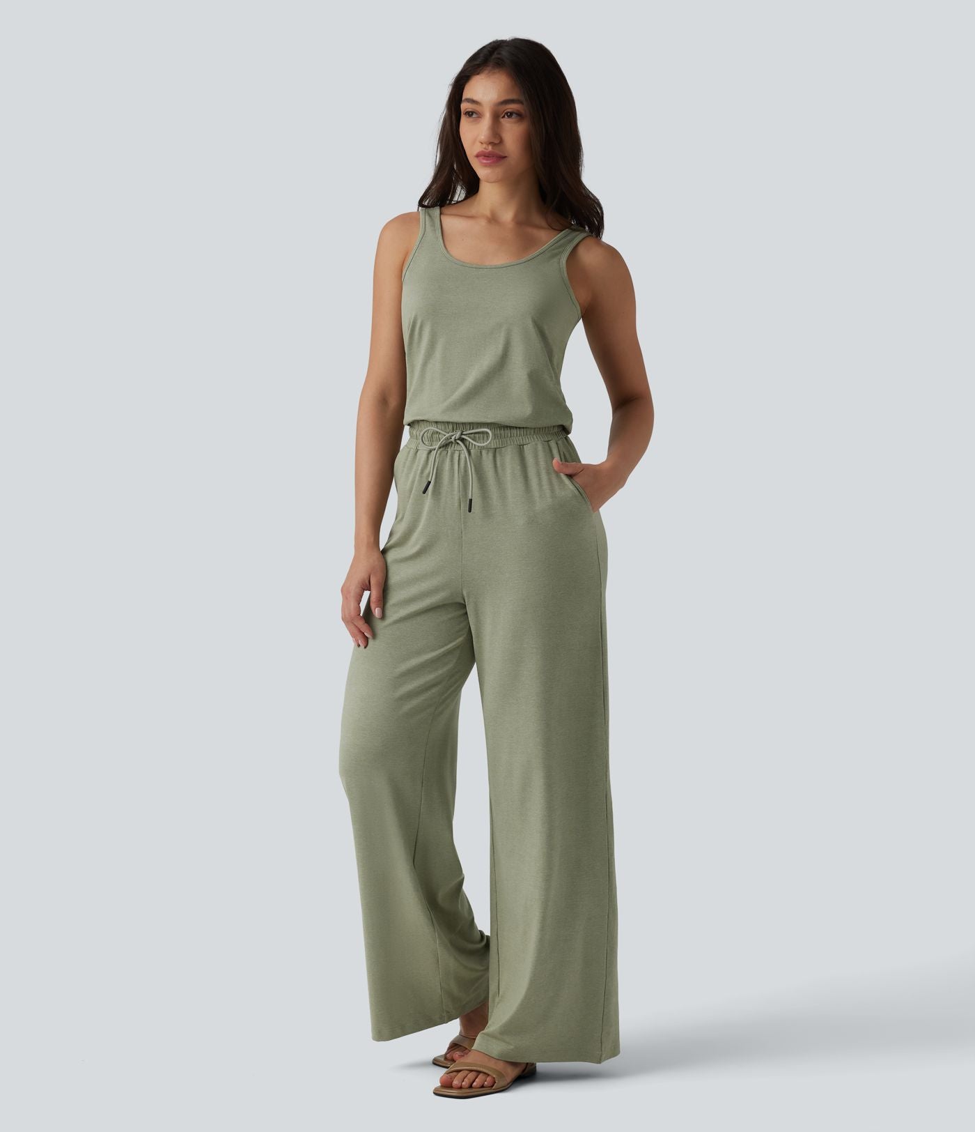 Combinaison casual baggy chinée sans manches à col U et cordon de serrage avec poches — Édition Easy Peasy