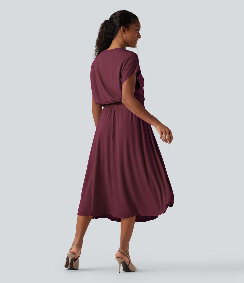 Robe de travail mi-longue fluide gainante à manches chauve-souris avec poches