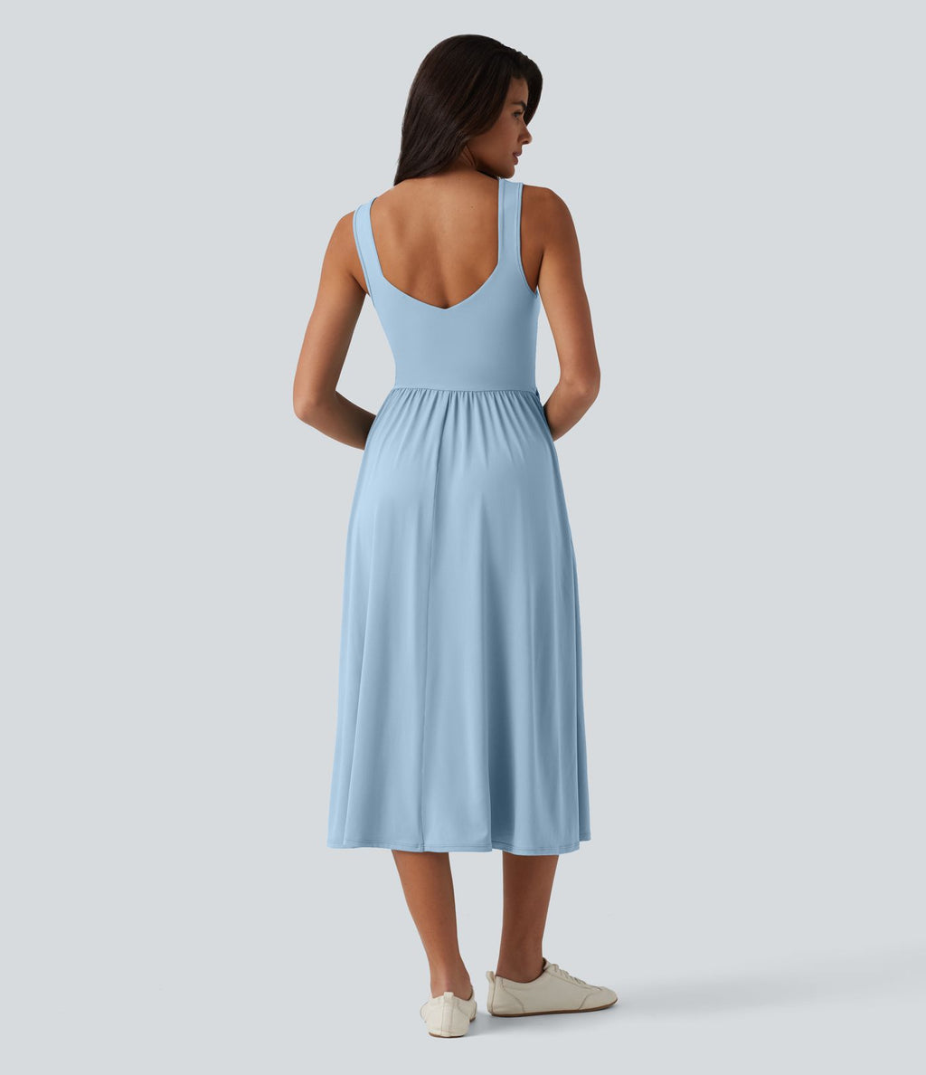Robe midi fluide sans manches dos croisé, avec brassière intégrée (Bonnets E-G) et poches