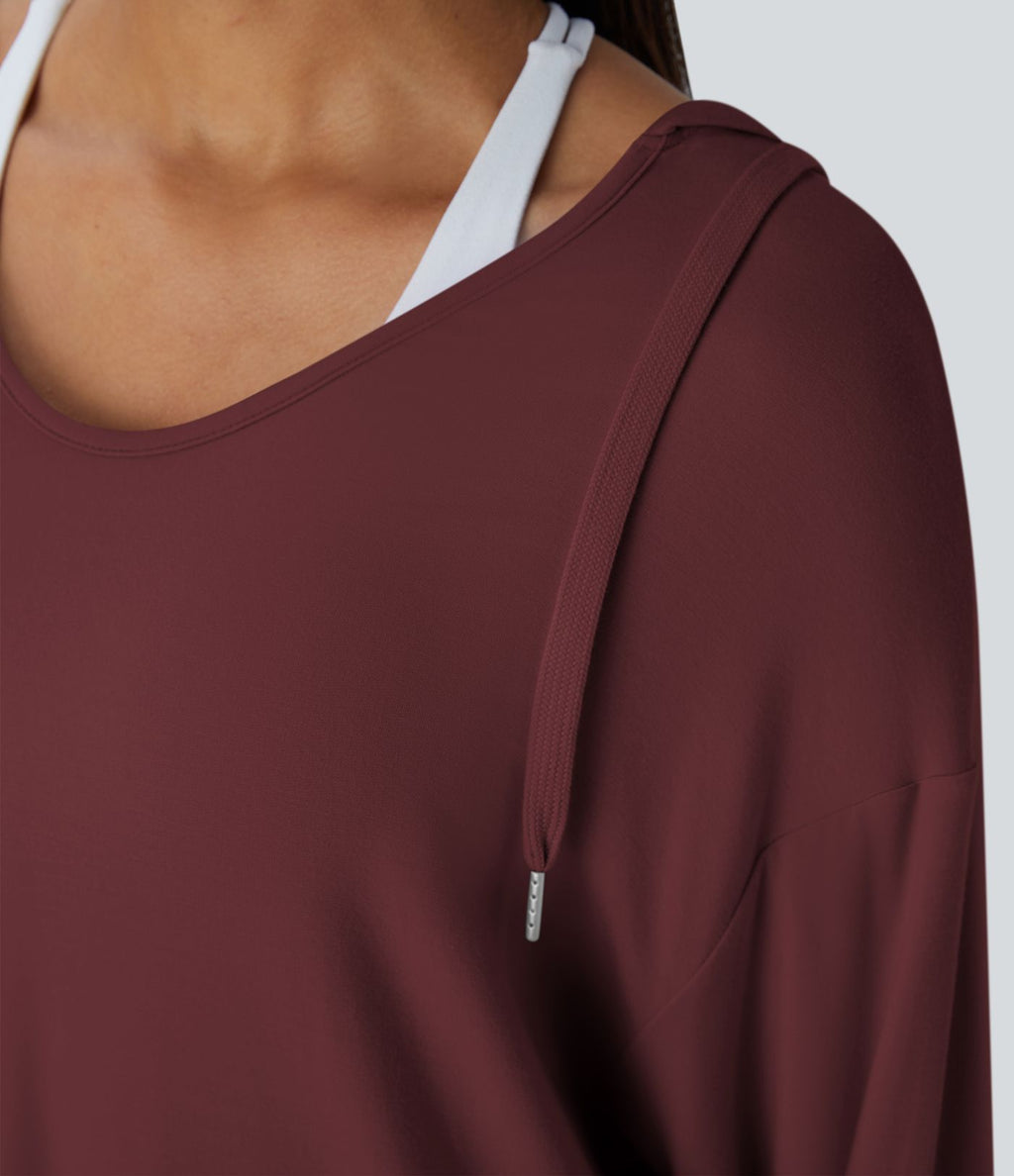 Sweatshirt Casual à Capuche Encolure en V Cordon de Serrage Trou pour le Pouce Fente et Coupe Longue