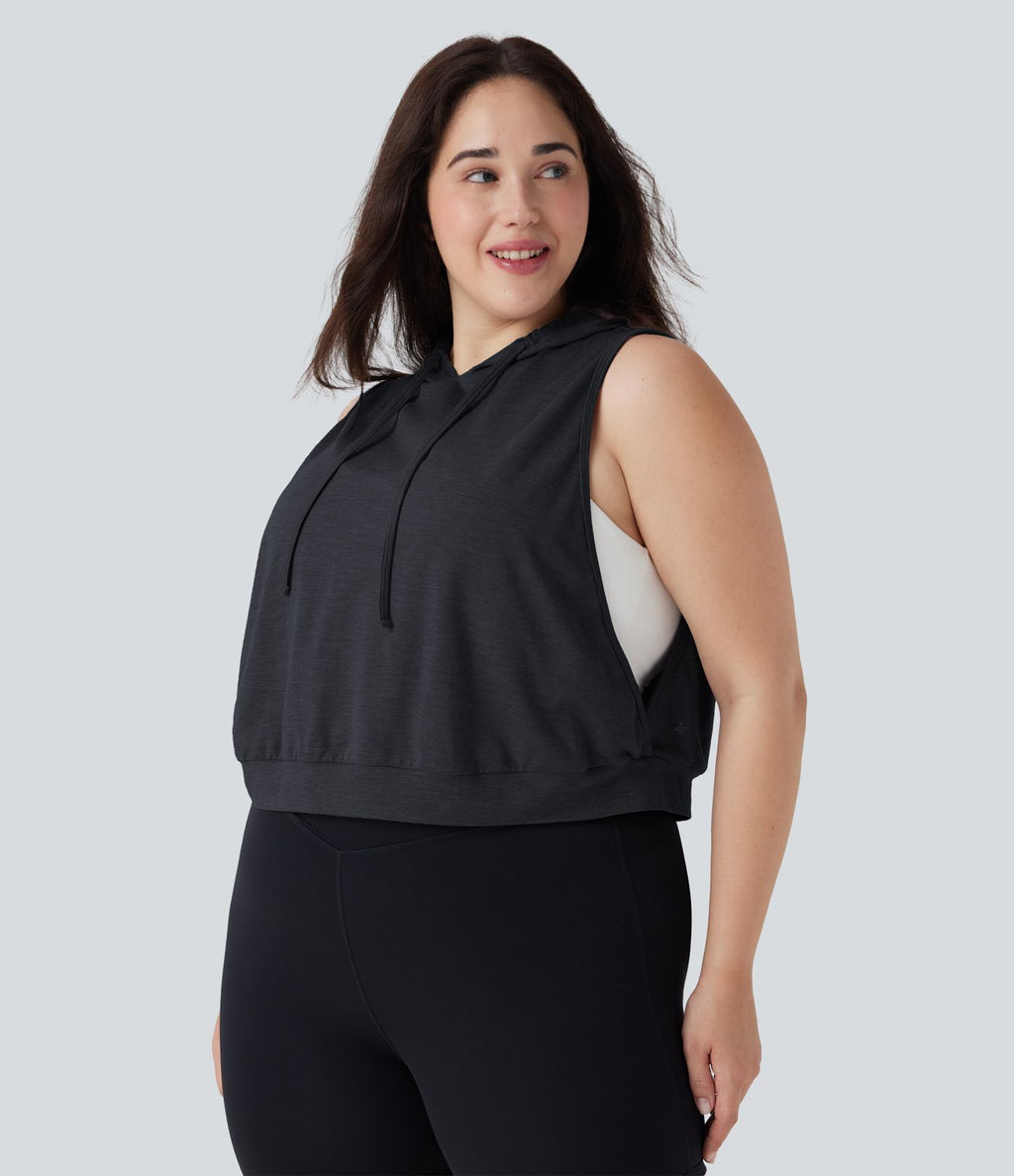 Débardeur de course grande taille crop top à capuche sans manches avec cordon de serrage
