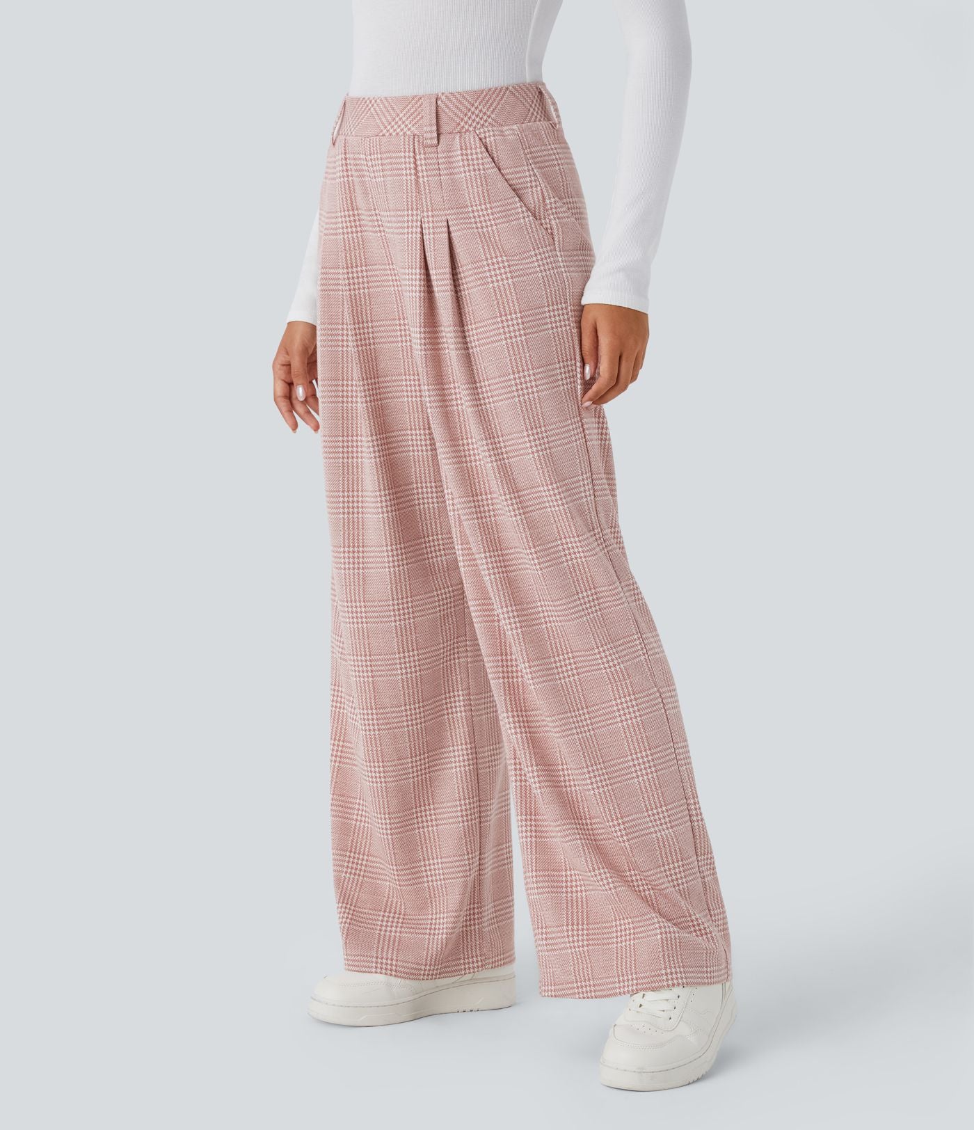 Pantalon taille haute décontracté large à carreaux, avec poches