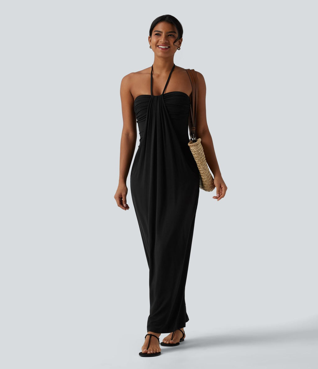 Robe longue dos nu col licou avec nœud et poches