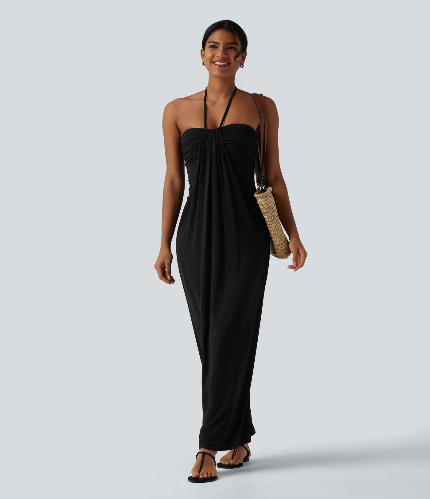 Robe longue dos nu col licou avec nœud et poches