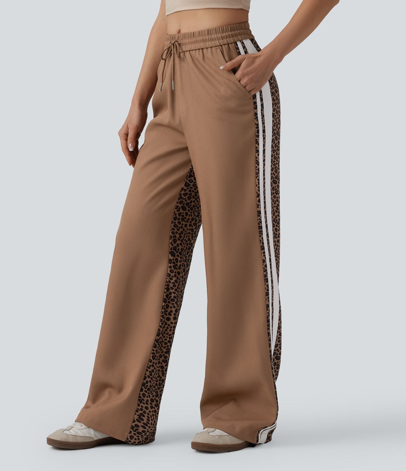 Pantalon ample décontracté taille mi-haute avec cordon de serrage color block rayures léopard contrastant avec poches