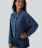 Halara Flex™ Chemise casual rayée en denim à manches longues avec poche