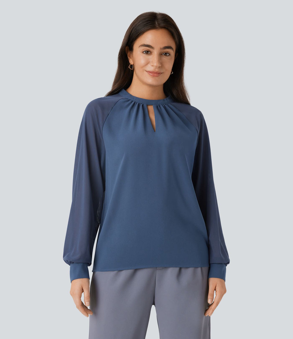 Blouse de travail à col montant avec dos ajouré, manches raglan et empiècements en mesh contrastant