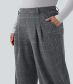 Pantalon décontracté grande taille large taille haute à carreaux pied-de-poule avec poches