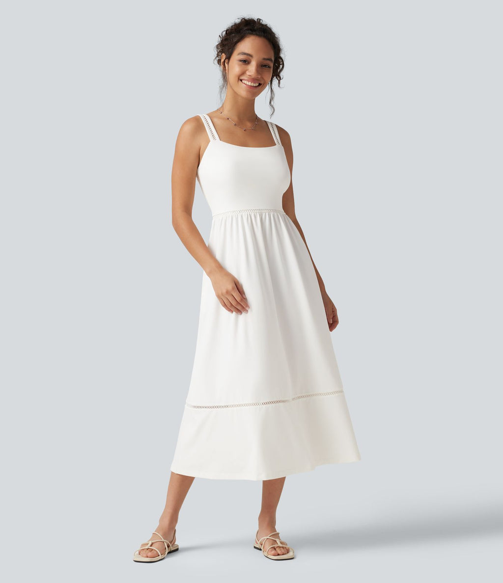 Robe midi fluide de vacances coupe trapèze à col carré avec découpes et poches
