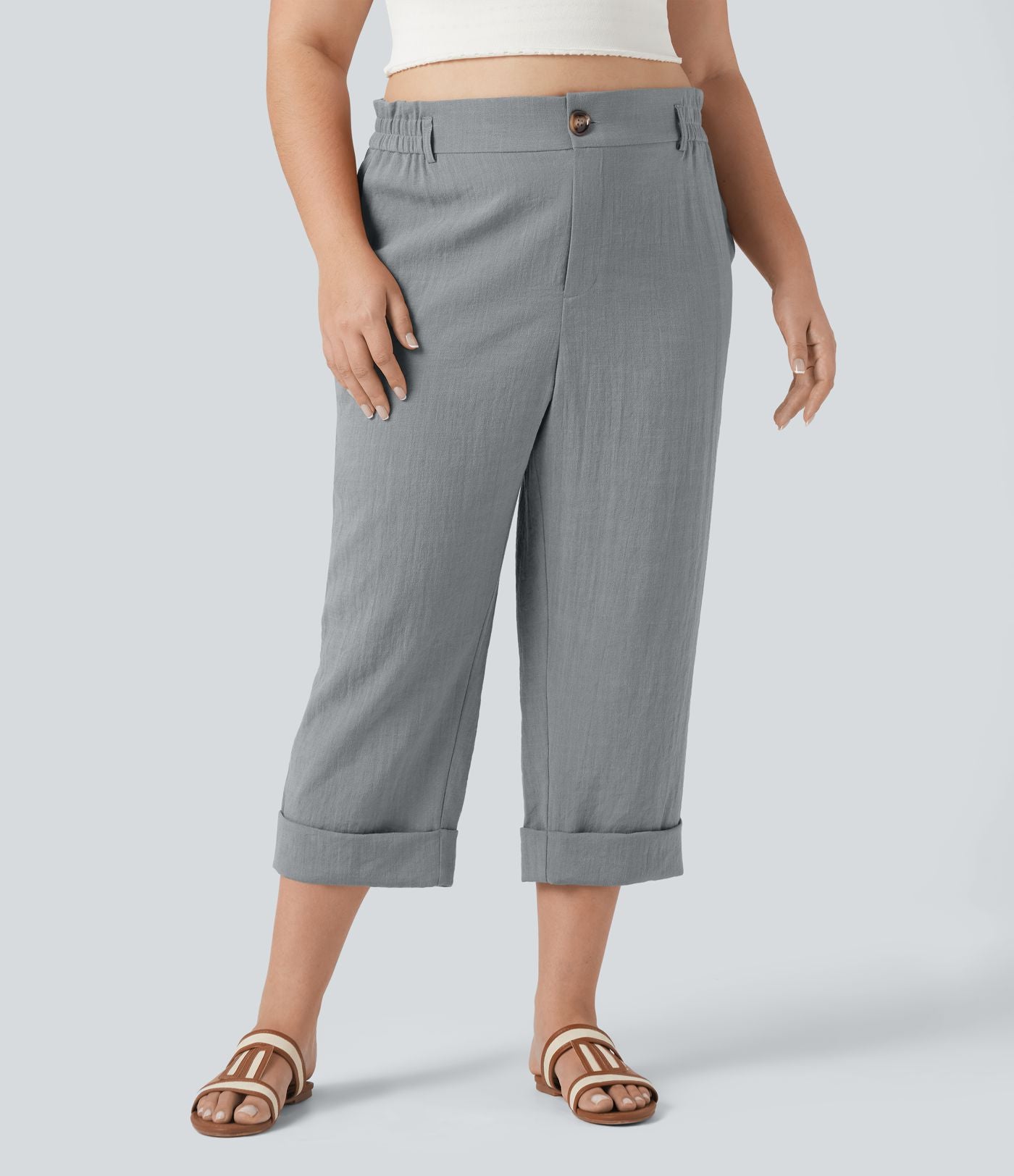 Pantalon de villégiature capri effet lin, grande taille, taille haute, avec poches