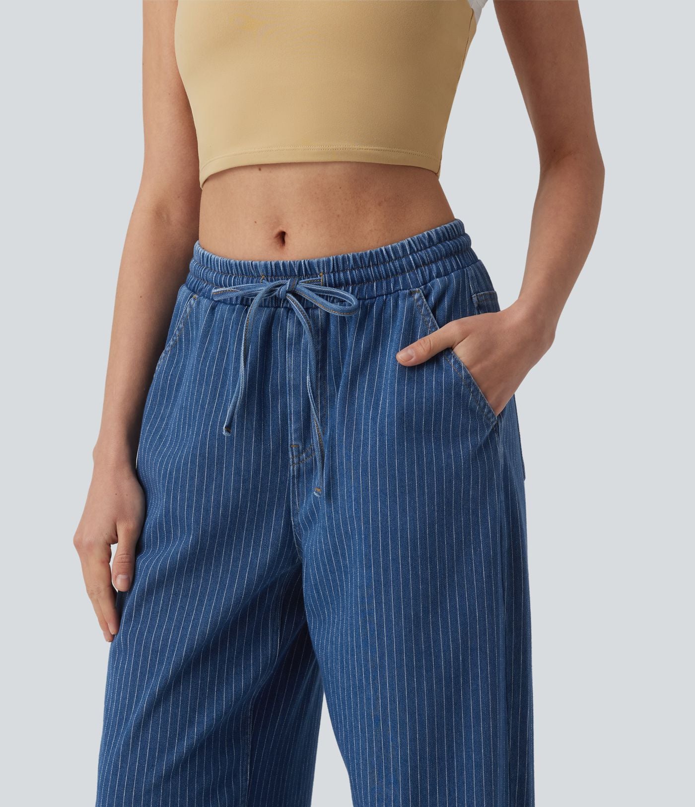 Jean large Halara Flex™ casual à rayures taille mi-haute avec cordon de serrage et poches
