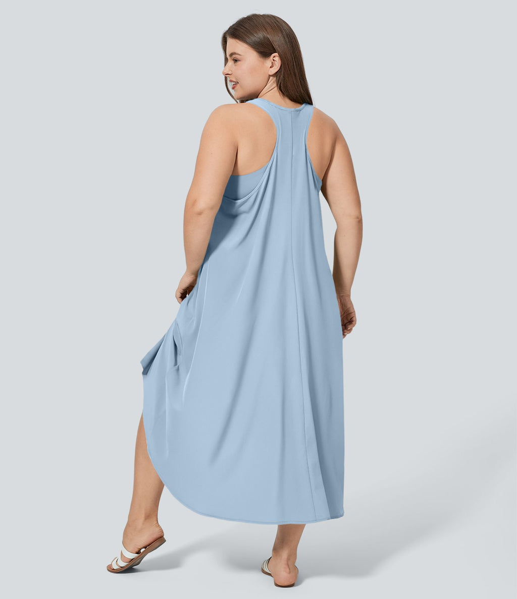 Breezeful™ Dos Nu Racerback Poche Latérale Haut Bas Fluide Midi Séchage Rapide Décontracté Robe Grande Taille