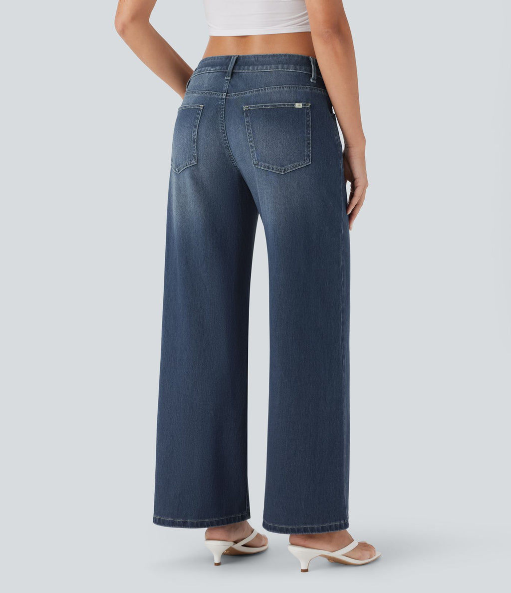Halara Flex™ Jean large asymétrique taille basse avec bouton, fermeture éclair et poches multiples, délavé et extensible en maille