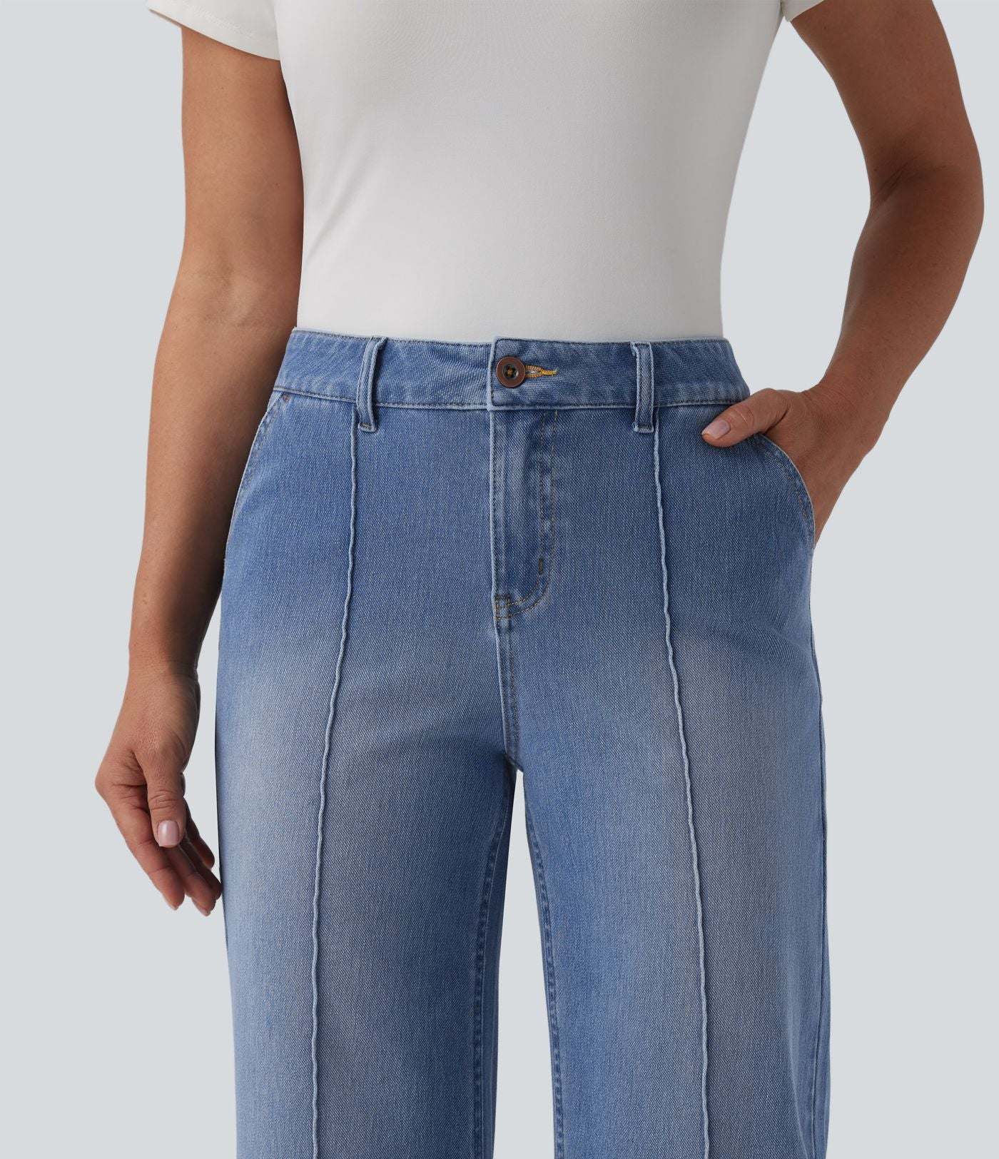 Jean Halara Flex™ décontracté délavé taille mi-haute coupe droite raccoucie avec poches