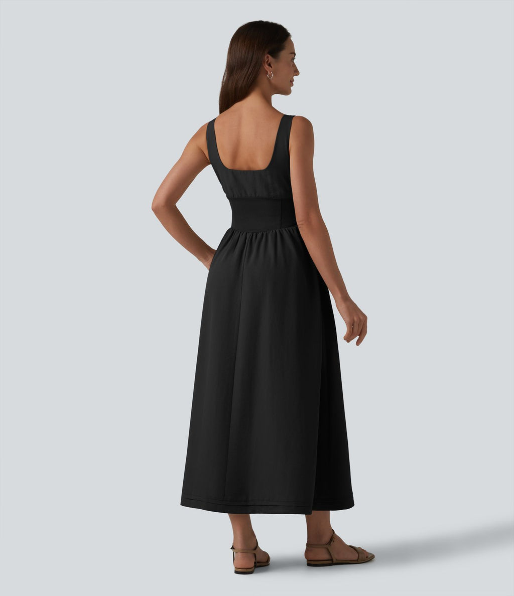 Robe midi décontractée à corset lacé et col carré avec poches