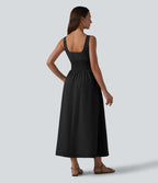 Robe midi décontractée à corset lacé et col carré avec poches