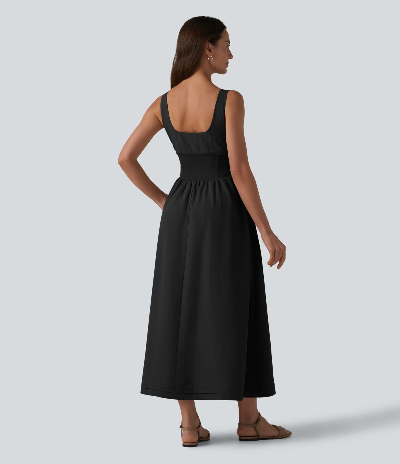 Robe midi décontractée à corset lacé et col carré avec poches