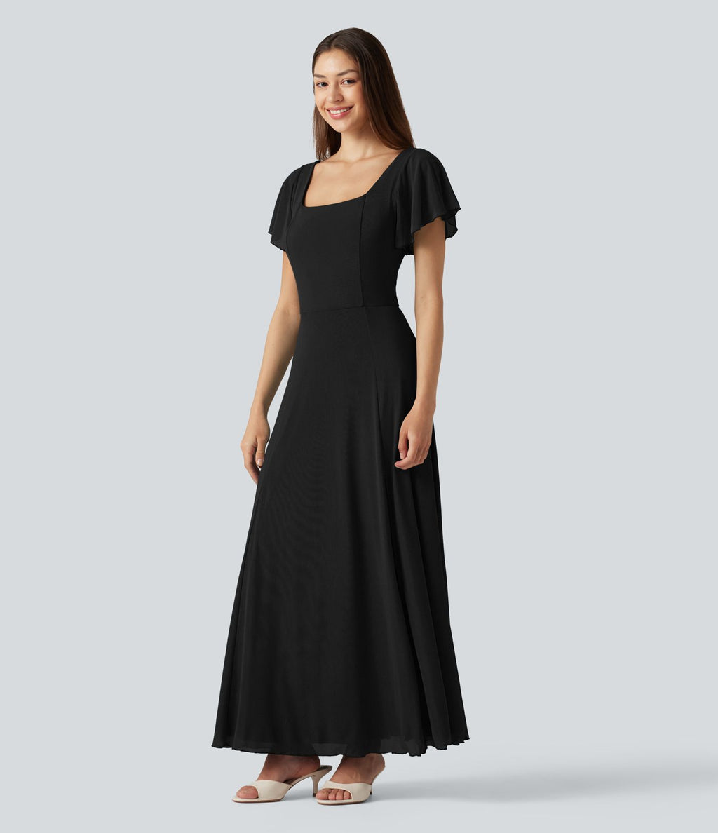 Robe maxi fluide col carré manches courtes soutien-gorge intégré dos noué