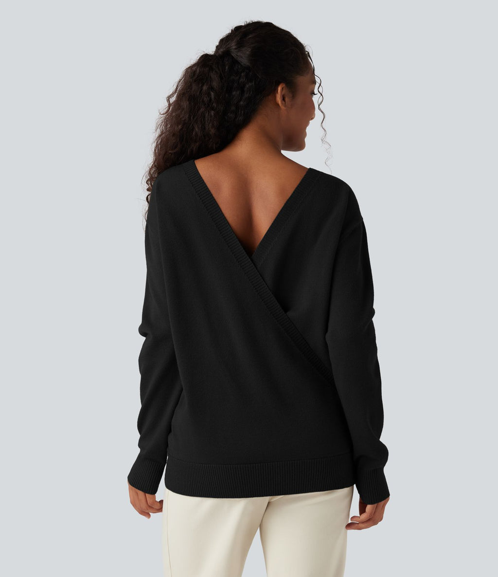 Pull décontracté réversible effet cache-cœur à décolleté en V et manches longues
