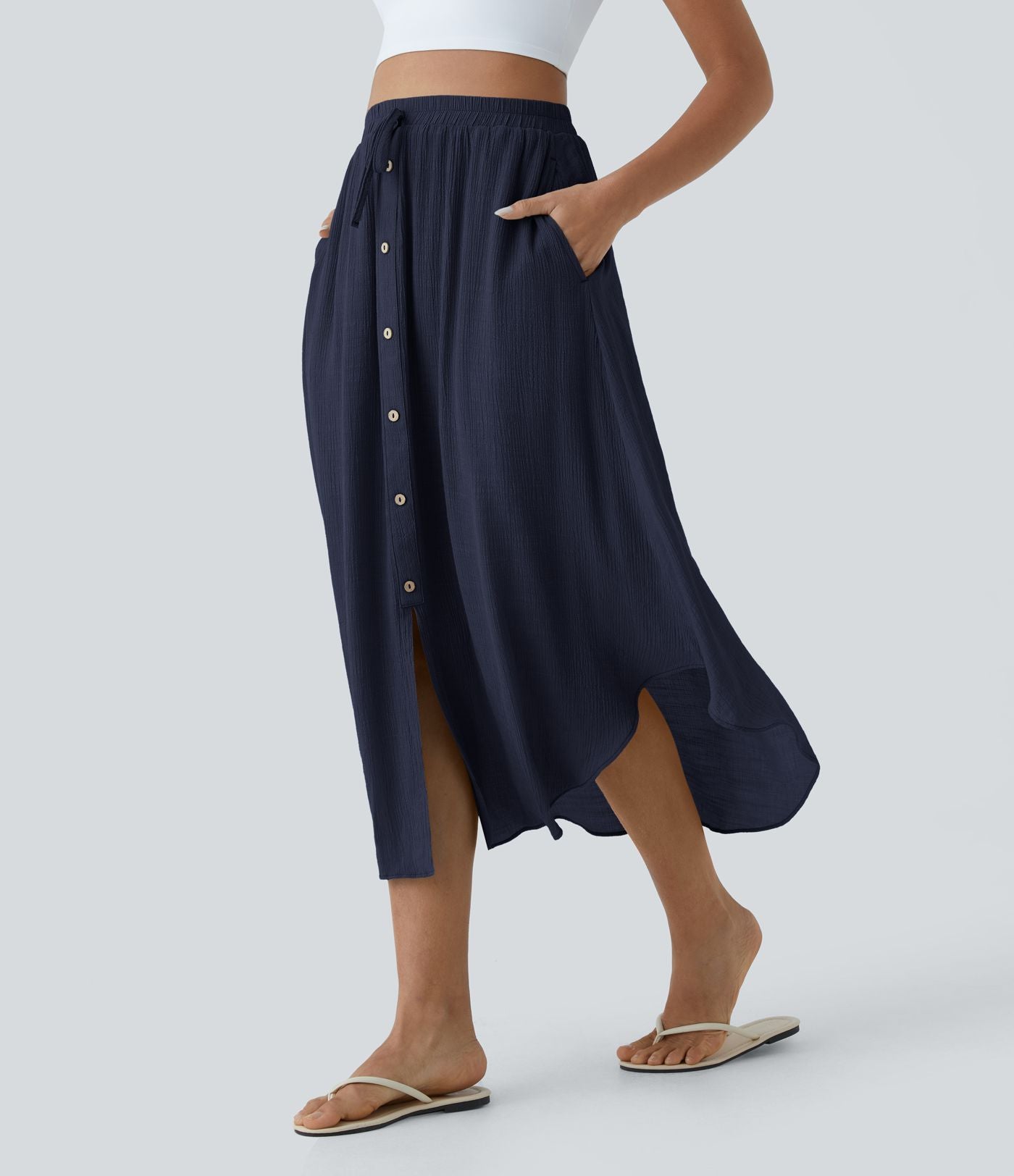 Jupe Midi Fluide Taille Haute Cordon de Serrage Boutonnés Poches Latérales