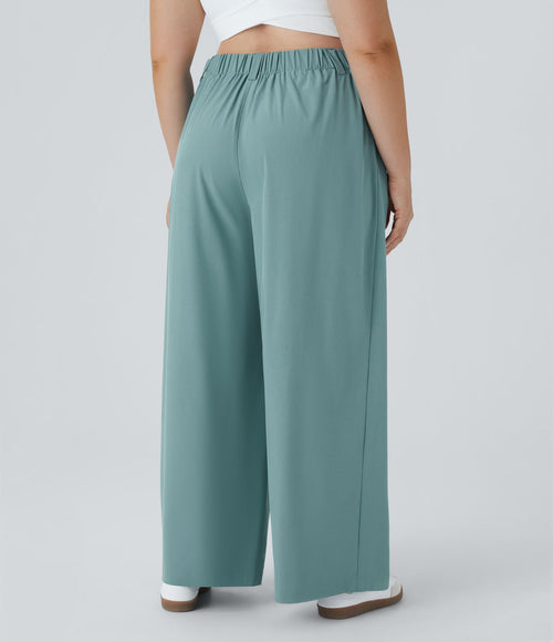 Breezeful™ Pantalon Évasé Palazzo Grande Taille Casual Taille Haute avec Plis Poche Latérale Fluide Uni et Séchage Rapide