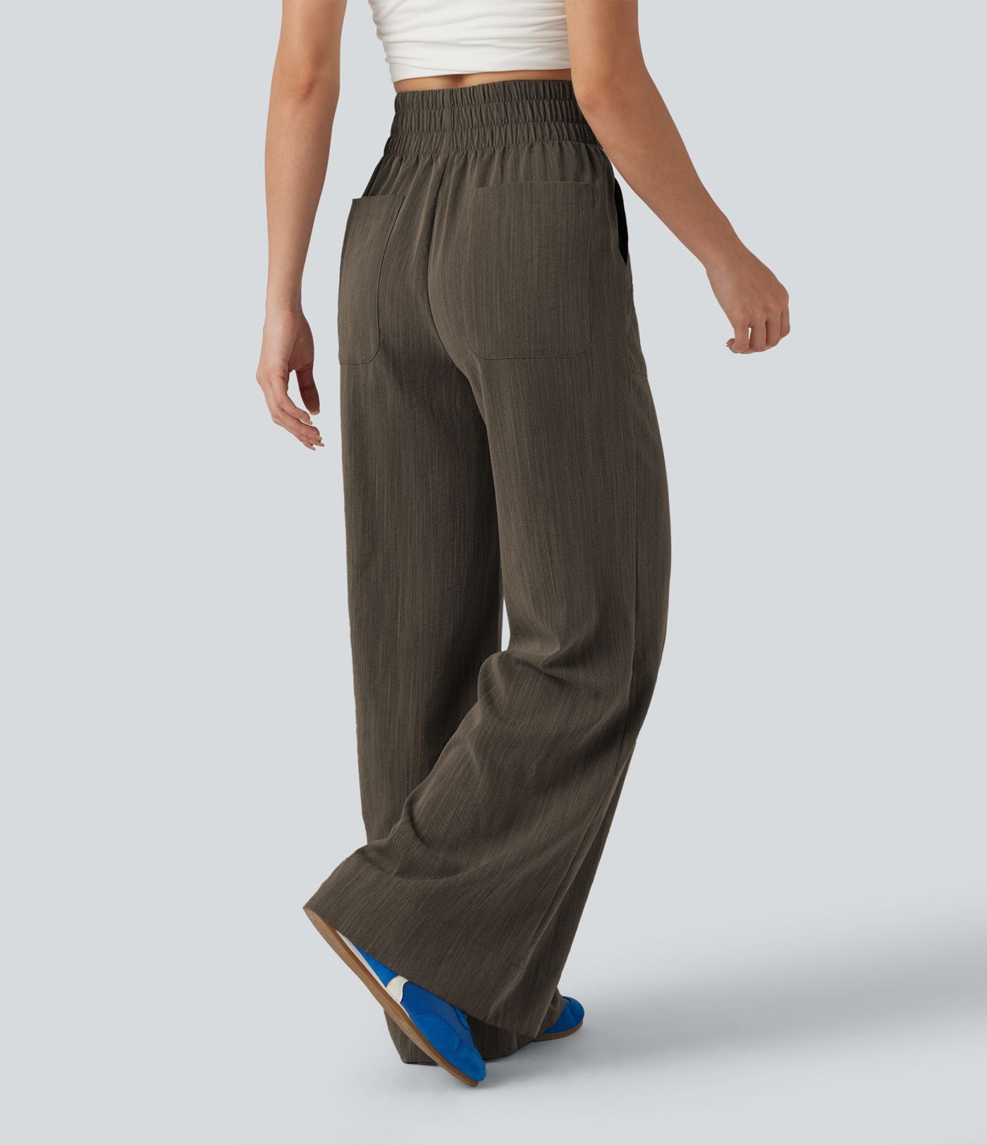 Pantalon flare taille haute effet lin avec poches