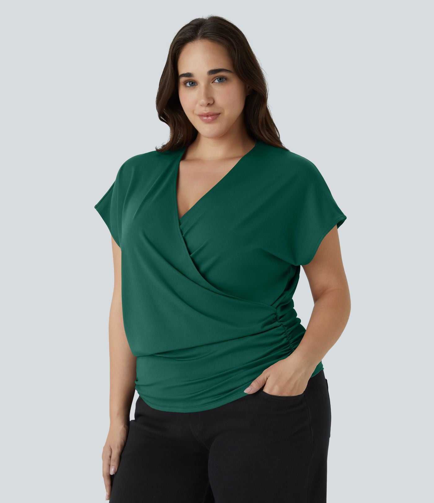 Blouse Travail Unie Froncée Croisée Manches Courtes Col en V Grande Taille