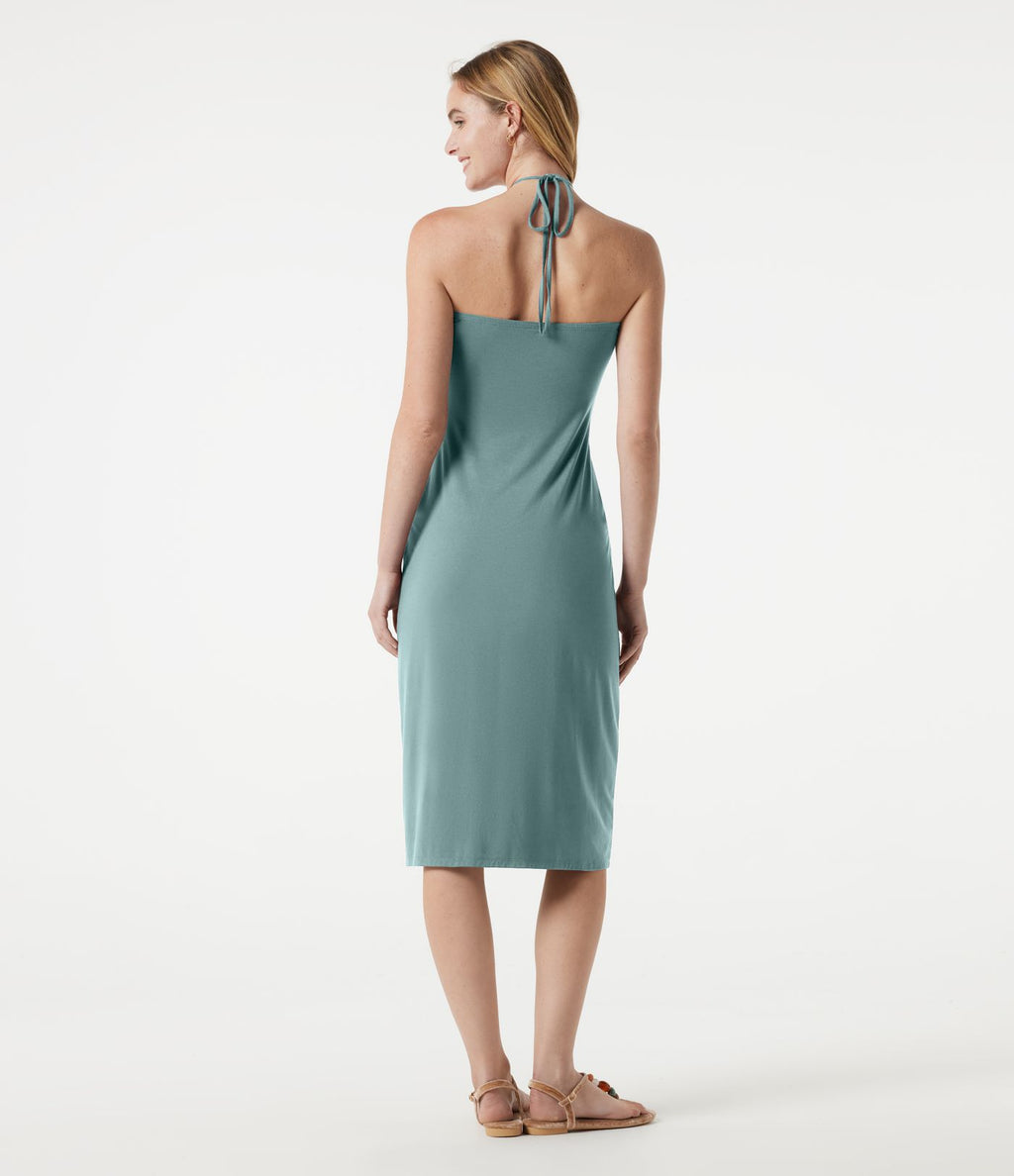 Robe midi dos nu à col halter avec lien noué au dos et poches