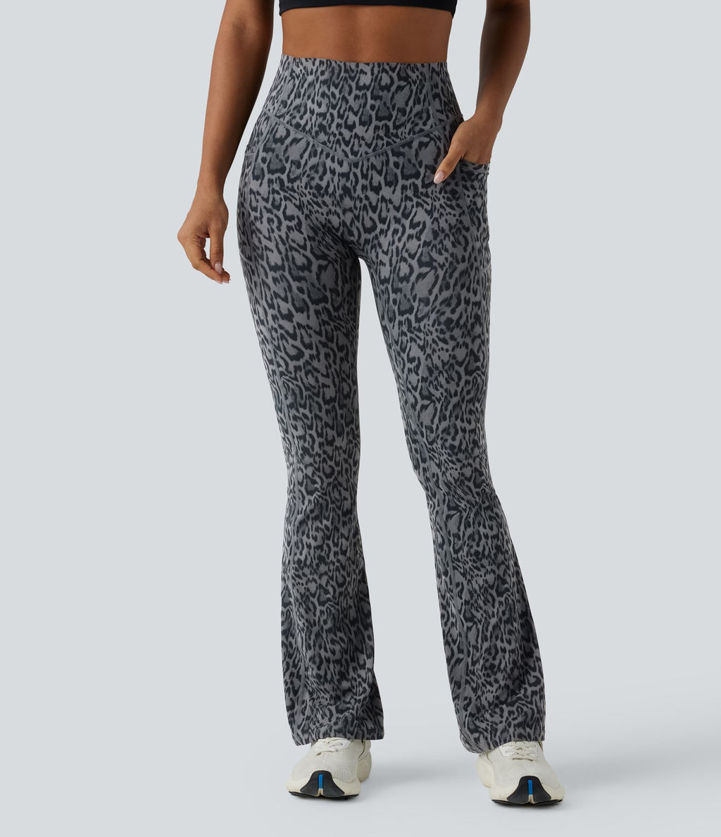 Legging de yoga bootcut taille haute gainant effet push-up imprimé léopard Halara UltraSculpt™ avec poches