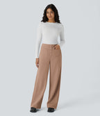 Pantalon Jogging en Fleece Thermique Jambe Droite Boutons Taille Haute Plusieurs Poches