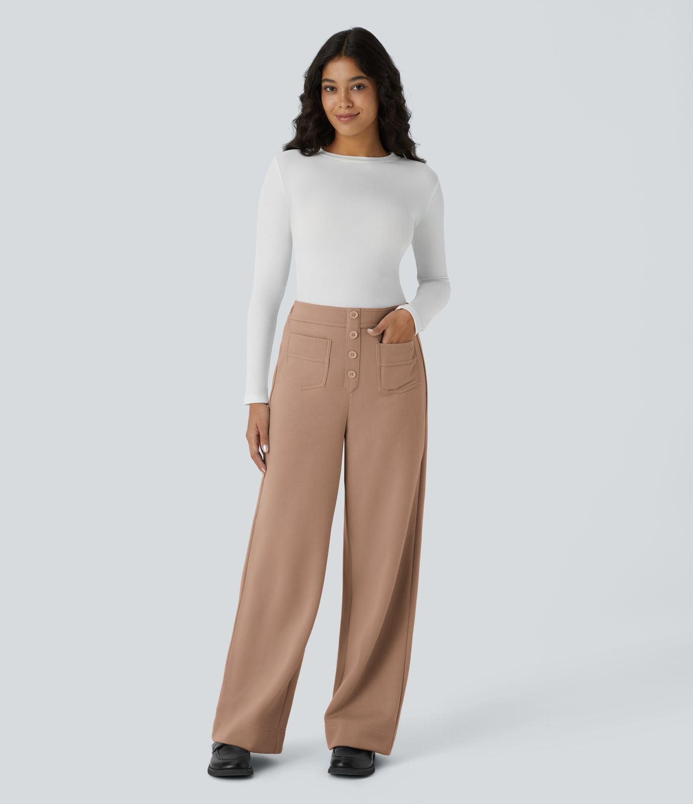 Pantalon Jogging en Fleece Thermique Jambe Droite Boutons Taille Haute Plusieurs Poches