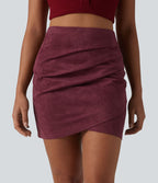 Jupe mini moulante décontractée taille haute en suédine, froncée, ourlet croisé, version plus longue