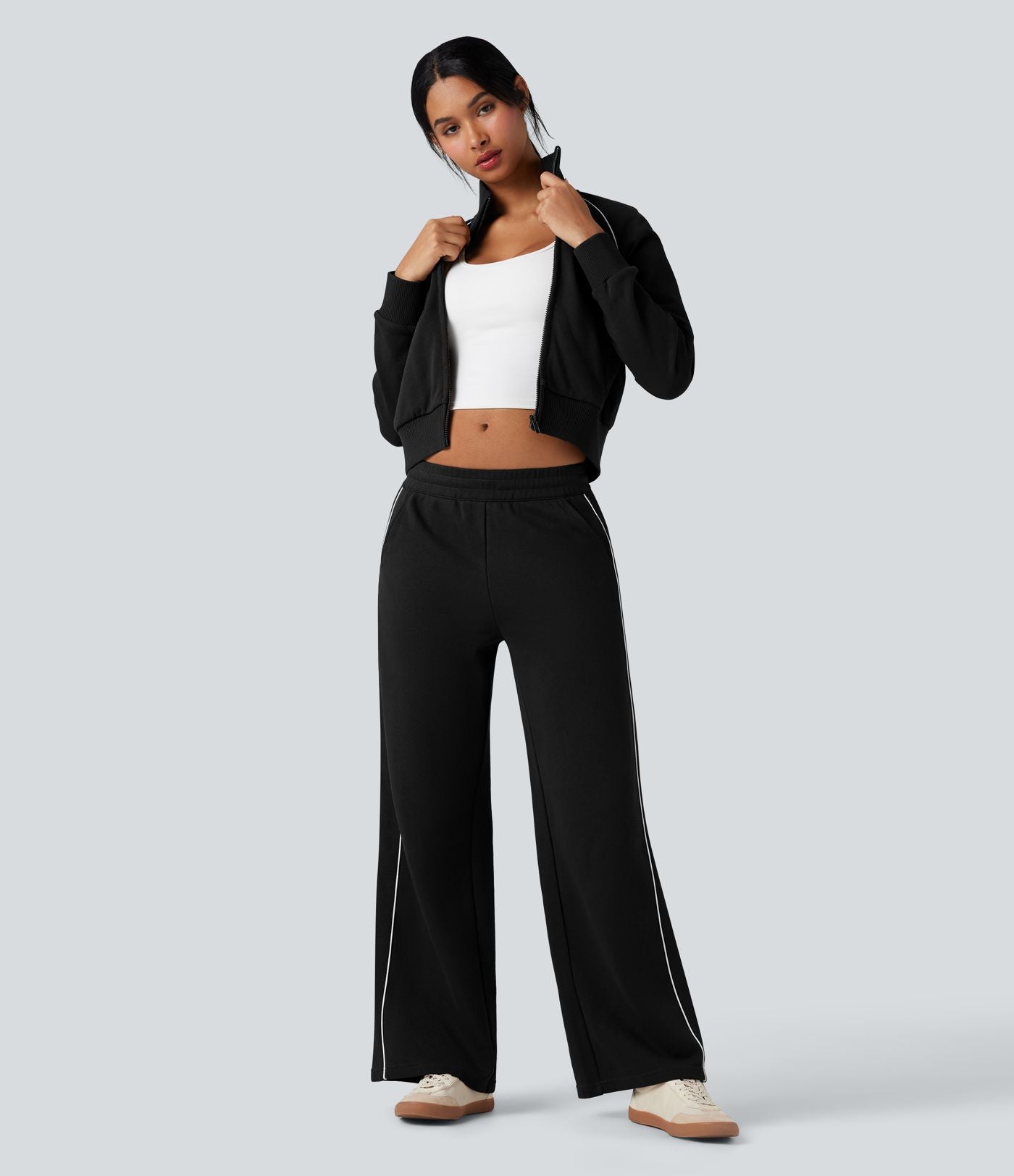 Pantalon jogging coton coupe droite taille mi-haute color block avec cordon de serrage et poches
