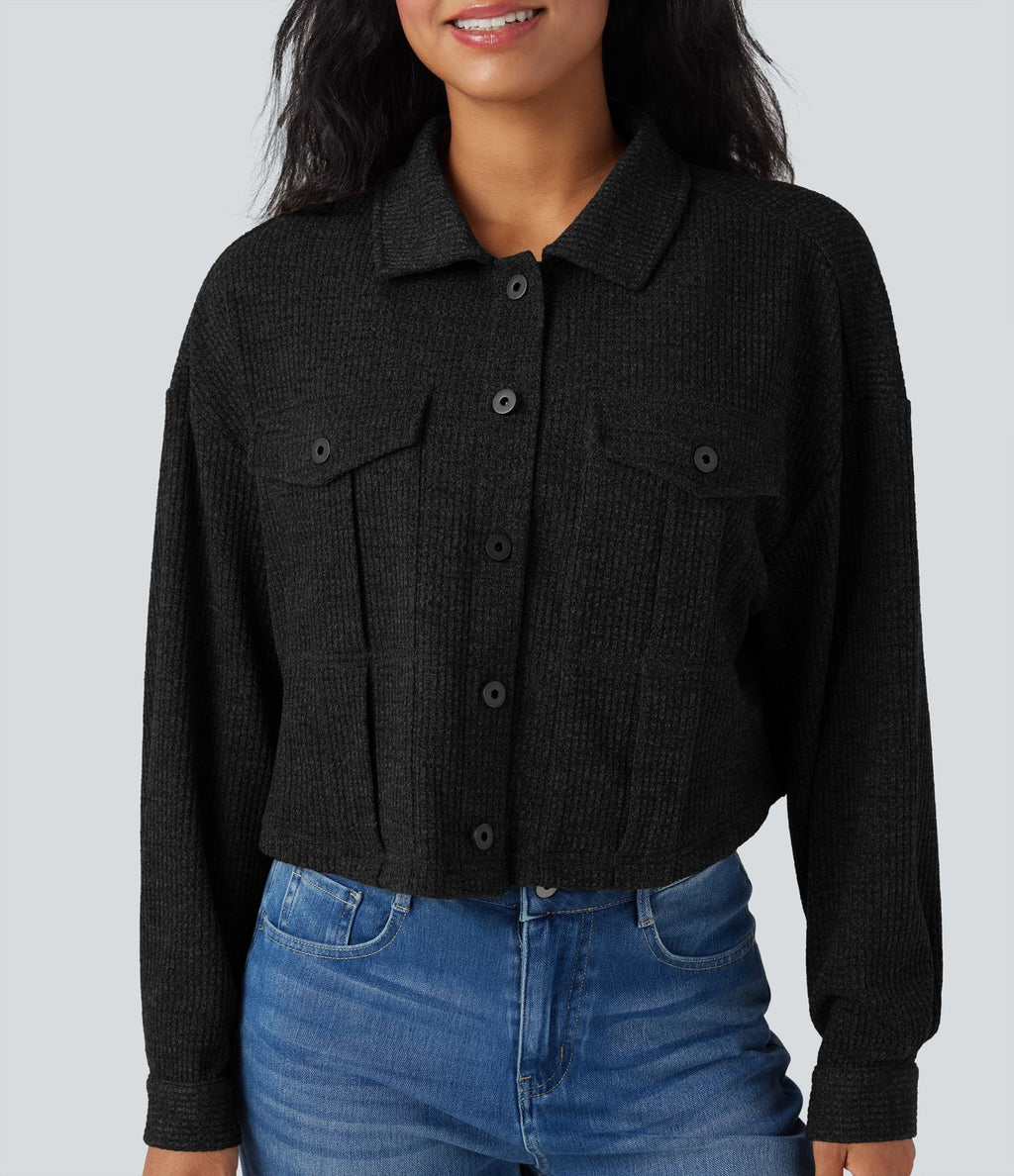 Veste décontractée maille gaufrée manches longues avec poches