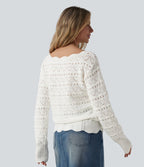 Pull décontracté col bateau manches longues maille ajourée
