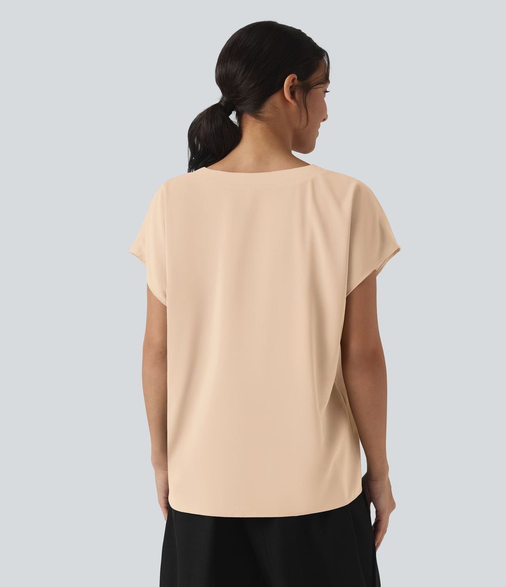 Blouse esprit bureau oversize défroissage facile, col V et manches courtes