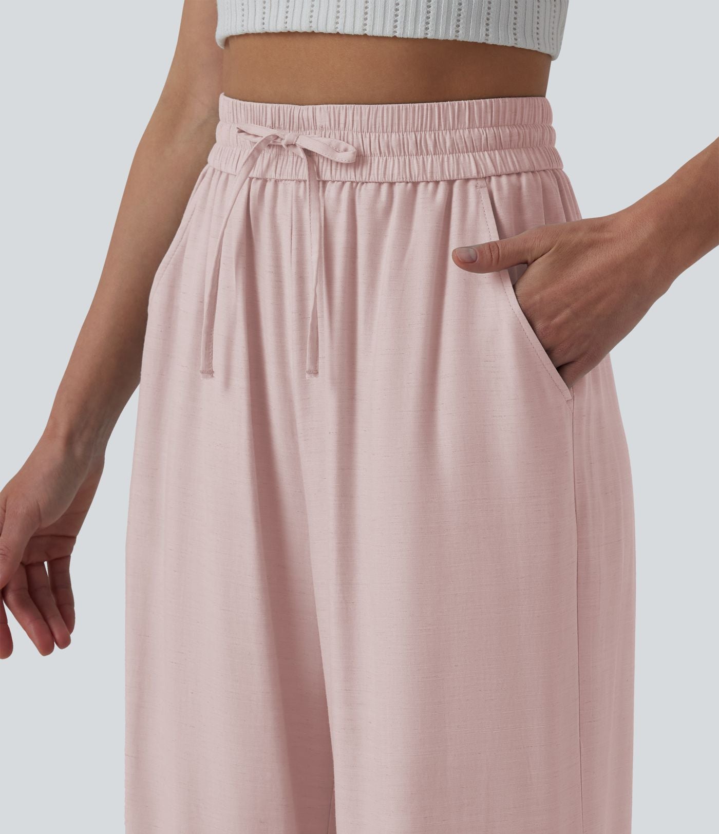 Pantalon casual large fluide mélange lin taille haute avec cordon de serrage et poches