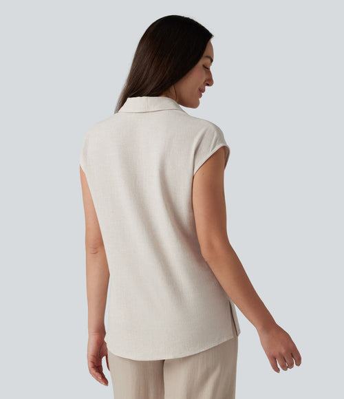 Chemisier tailleur en mélange de lin col V sans manches avec ourlet fendu