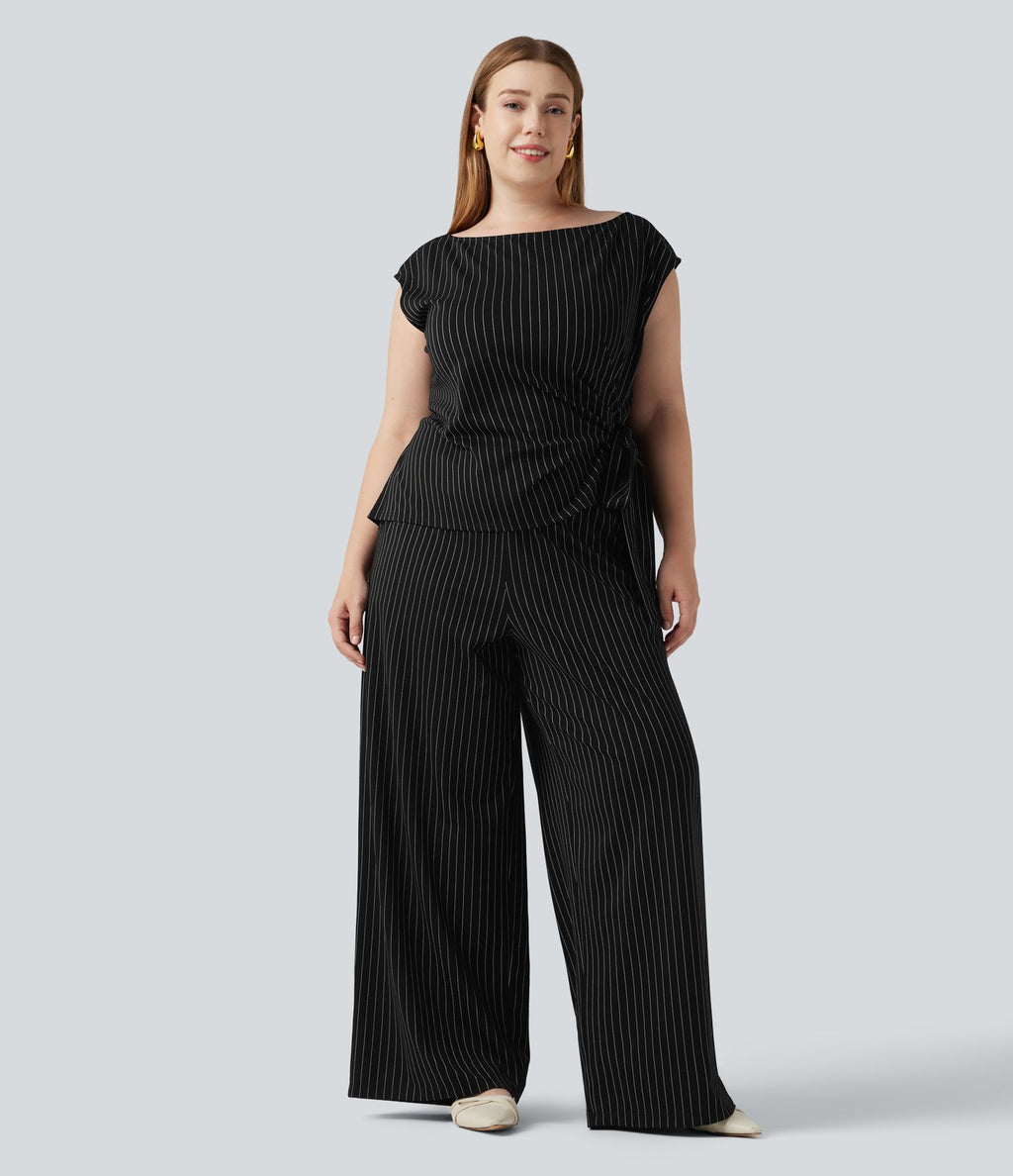 Combinaison grande taille rayée effet frais InstantCool à col bateau pour le bureau avec nœud sur le côté, poches et accès facile Easy Peasy
