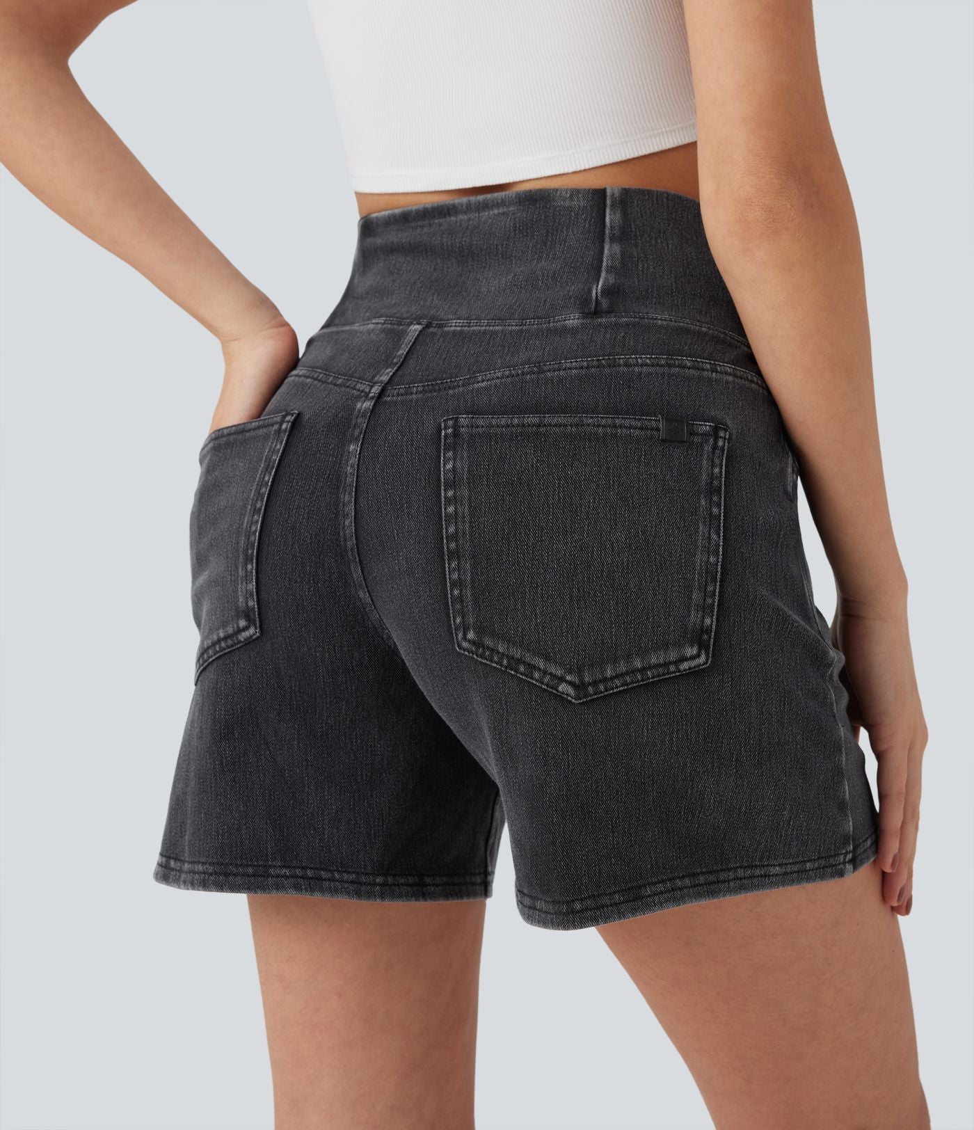 Halara Flex™ Short décontracté évasé à jambe large en denim extensible délavé taille haute croisée avec poches multiples