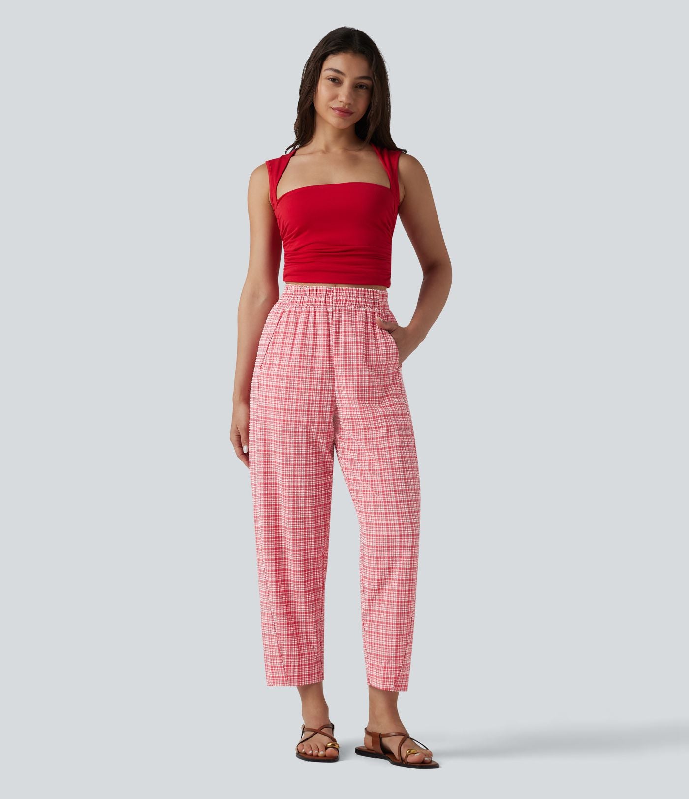 Pantalon décontracté à carreaux froissés taille haute avec poches