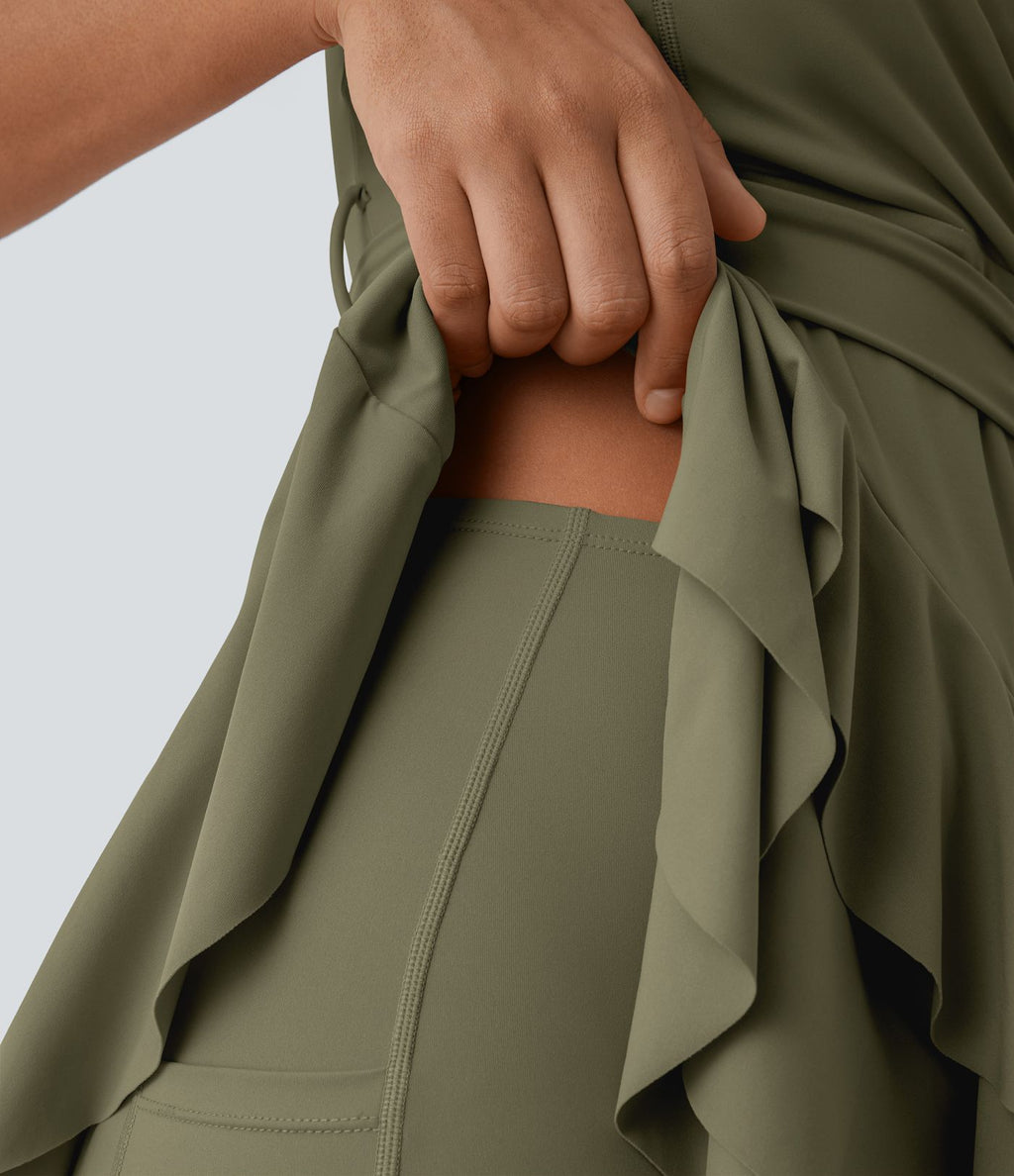 Robe décontractée mini 2-pièces col V liens latéraux volant fluide avec poche A-D