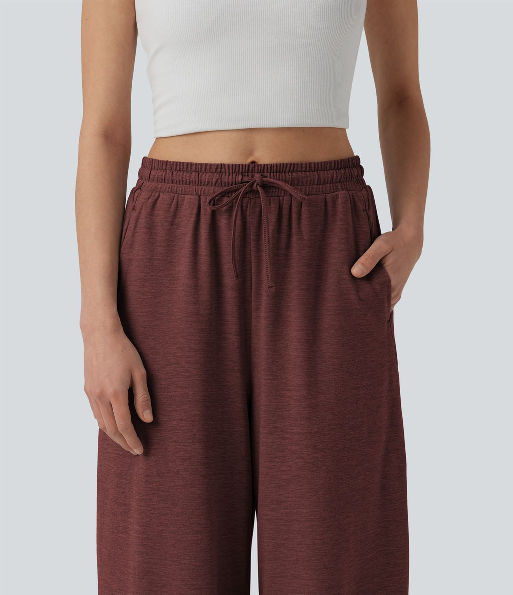 Pantalon large décontracté color block taille haute avec cordon de serrage et poches