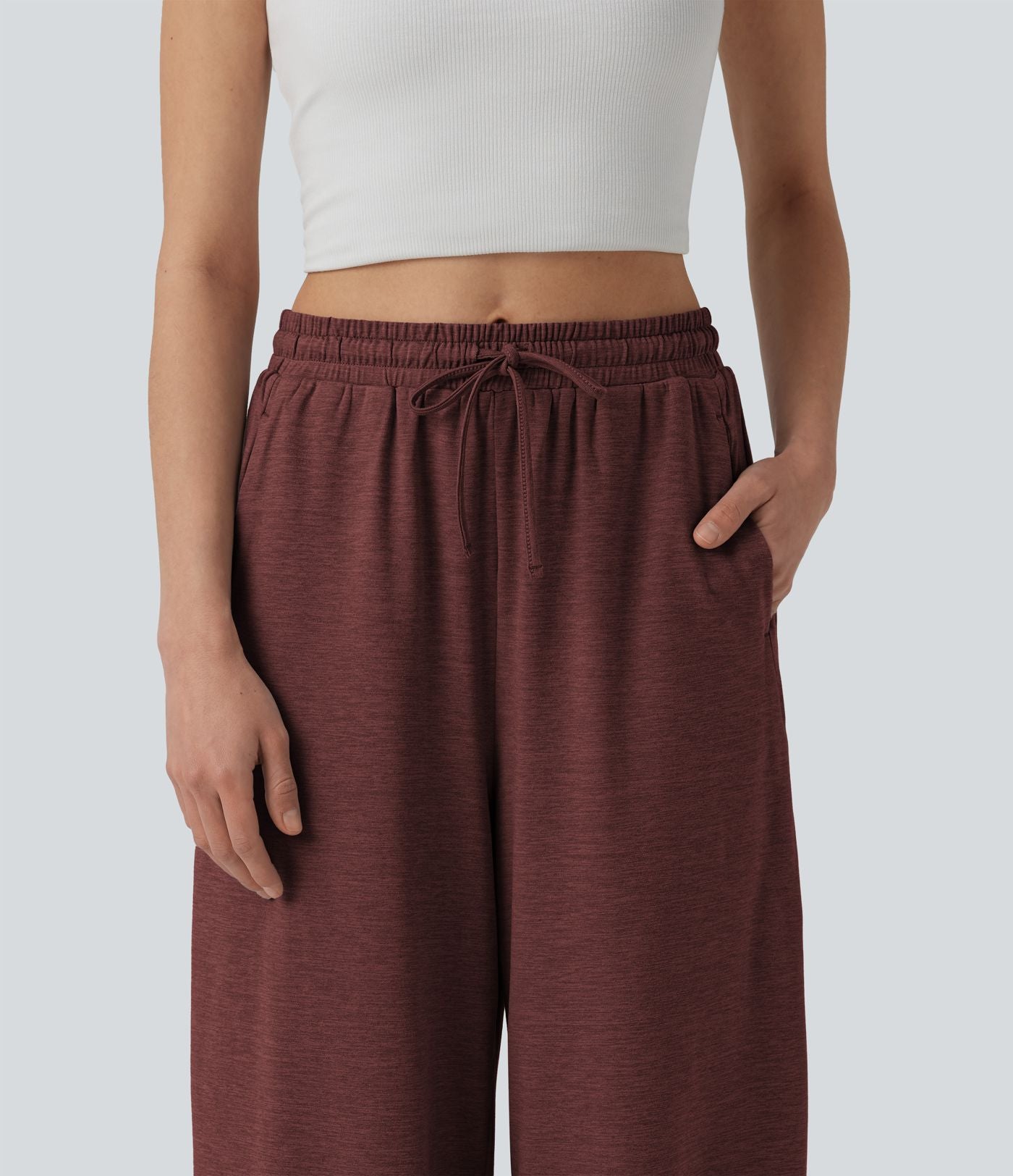 Pantalon large décontracté color block taille haute avec cordon de serrage et poches