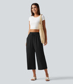 Pantalon large court taille haute en lin mélangé avec cordon de serrage et poches