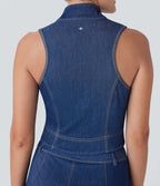 Débardeur de tennis Halara Flex™ en denim stretch délavé avec col montant, fermeture éclair et effet frais InstantCool
